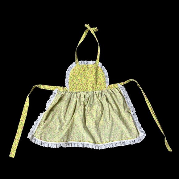 Handmade Little Apron Girls Yellow Pink Floral White Lace Trim Pocket Childs - Picture 3 of 5